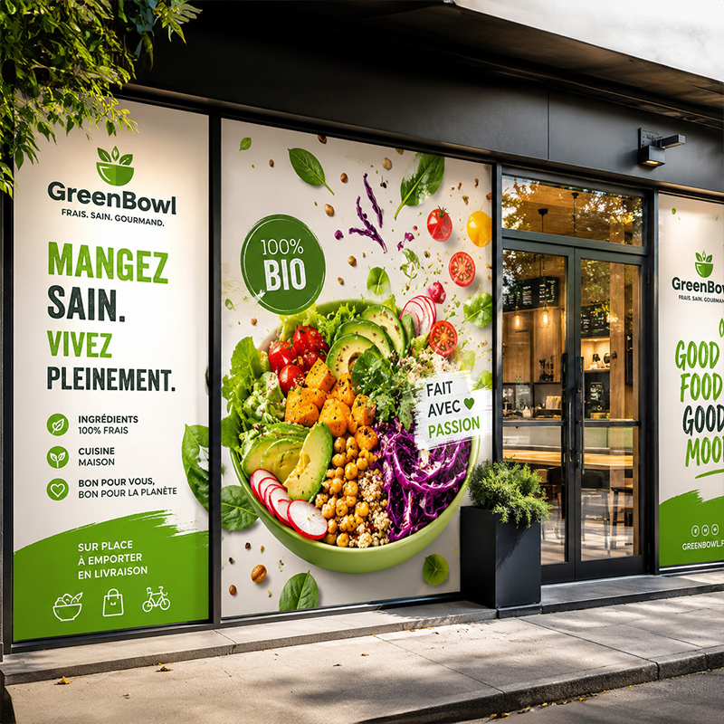 Adhésif colle inversée sur vitrine de restaurant