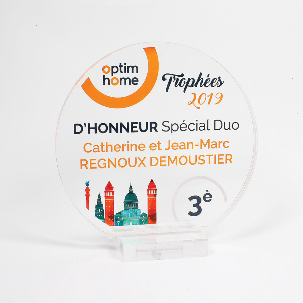 Trophée personnalisé autoportant épaisseur 15 mm impression couleur en découpe ronde