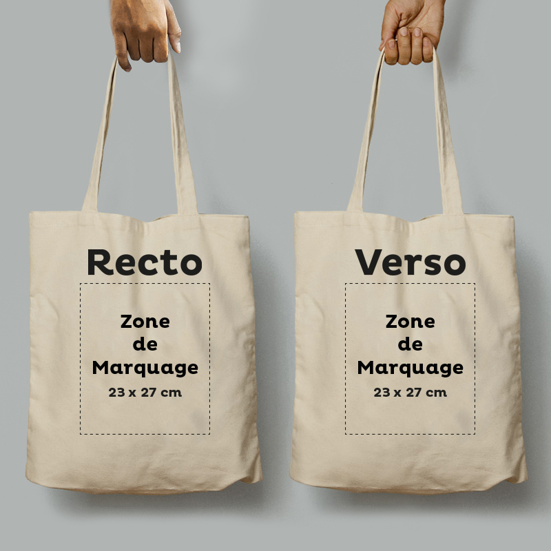 Deux mains tenant deux totebags : impression recto et verso en 1 couleur