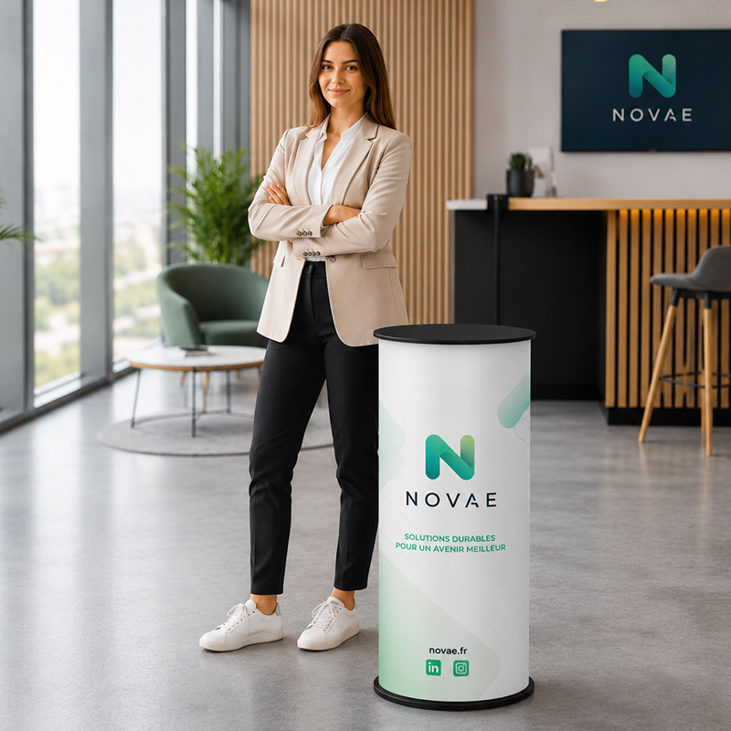 Femme debout à côté d'une Table comptoir ronde 100% personnalisée à votre image en couleurs