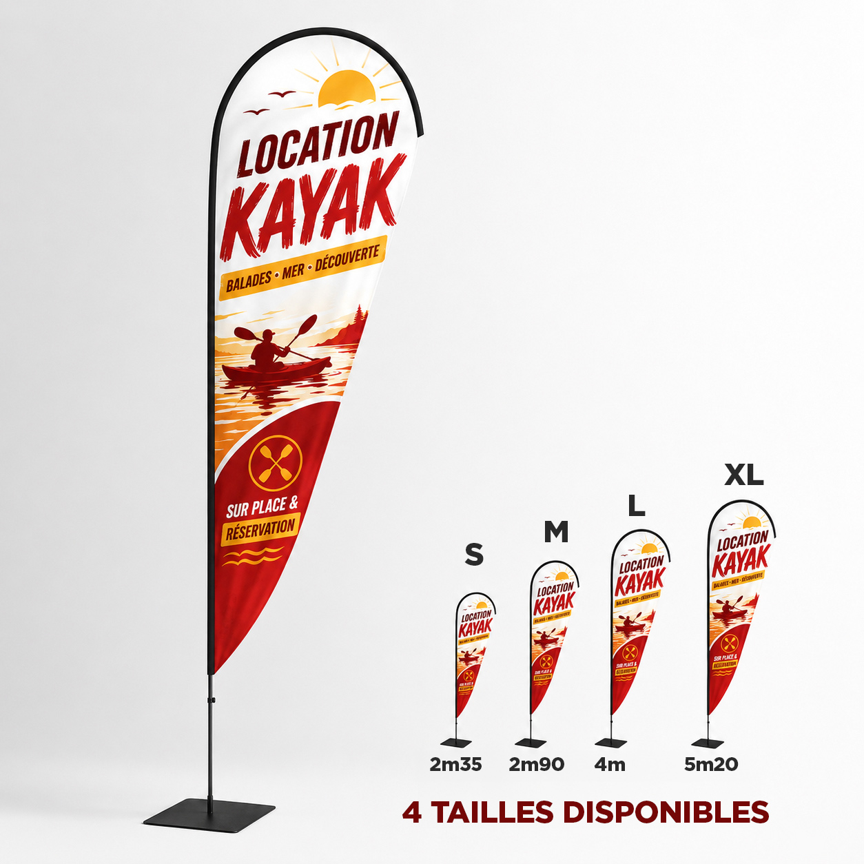 Drapeaux publicitaires oriflammes beach flags wind flag - forme goutte d'eau  - personnalisés en couleurs dans 4 tailles différentes 235, 290, 400 et 520 cm